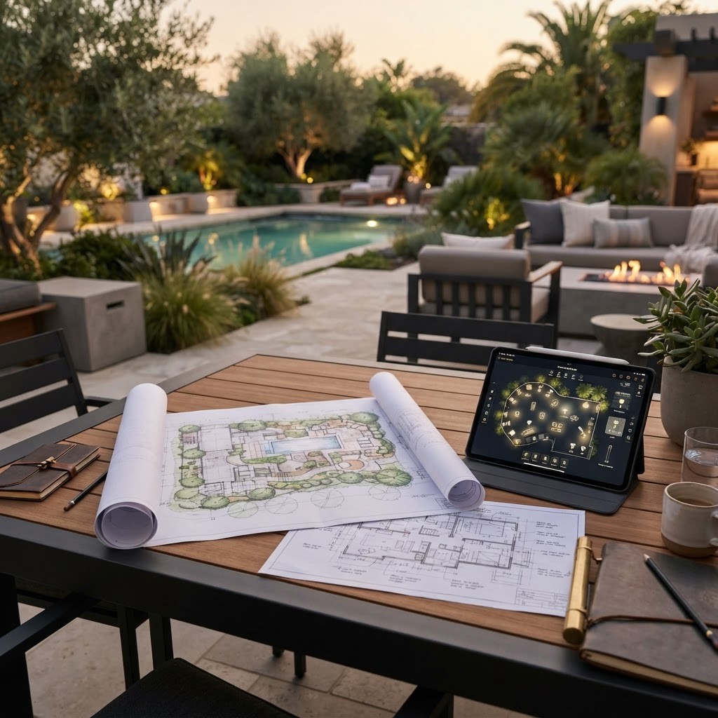 Design blueprints and a lighting layout on a tablet during a luxury outdoor project consultation
