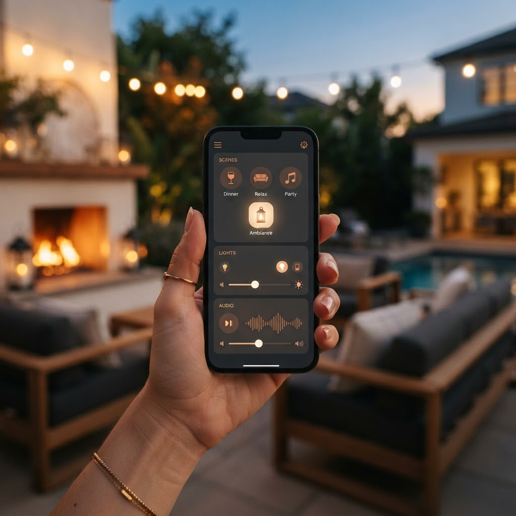 Smartphone showing a smart-home control app in a luxury outdoor living space at dusk