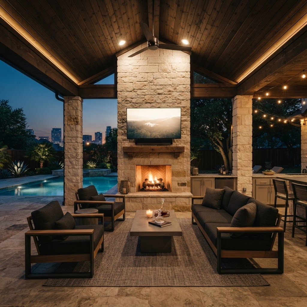 Outdoor-rated television mounted above a stone fireplace on a luxury covered patio in Dallas