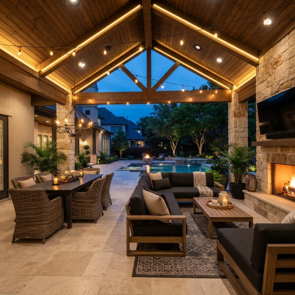 Luxury covered patio in the evening with integrated ambient lighting and discreet speakers