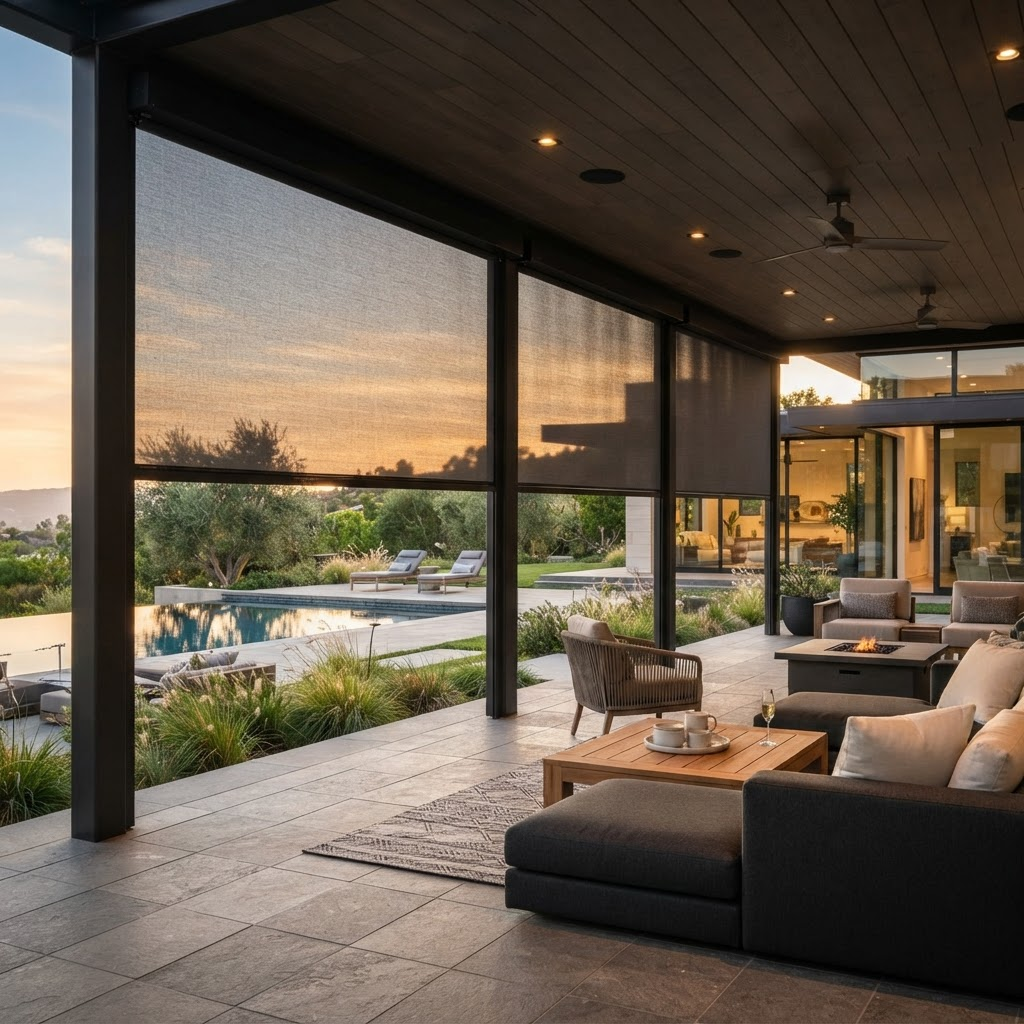 Motorized roller shades on a covered terrace providing sun control and privacy