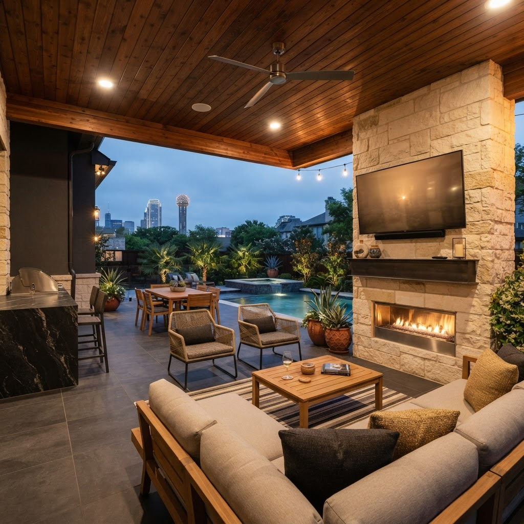 Weather-rated television mounted on a stone wall in a covered patio